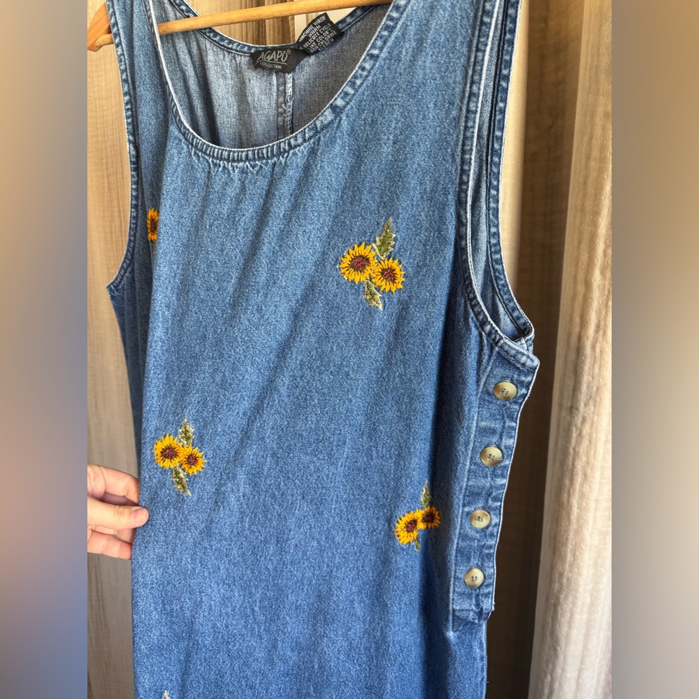 Denim Maxi Dress with Sunflower Embroidery - Blue - Picture 4 of 8
